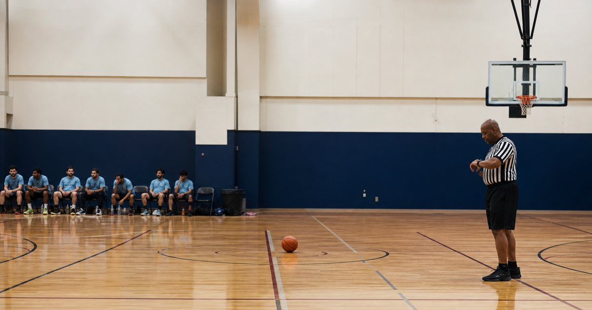 An empty half of a gymnasium basketball court under bright lights with one team of adults in matching shirts waiting on the bench, a referee checking a wristwatch, a ball resting at center court