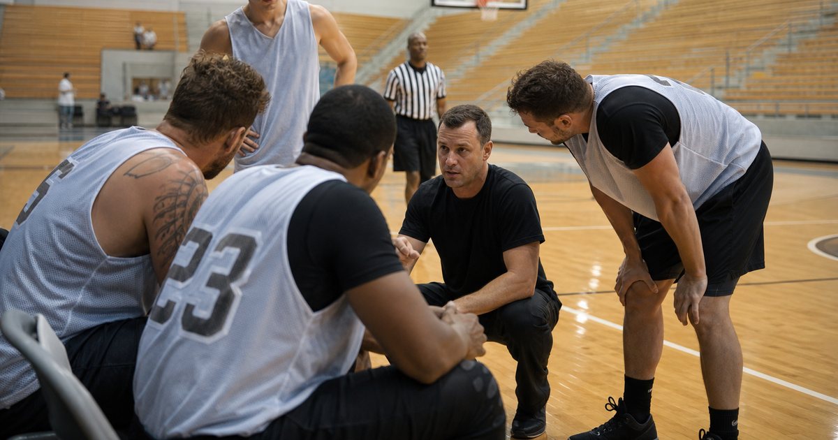 An indoor gymnasium during an adult recreational basketball game, one team huddled at the sideline with a coach crouching in front of them, a referee in a striped shirt standing under the hoop, bright overhead lights and mostly empty wooden bleachers