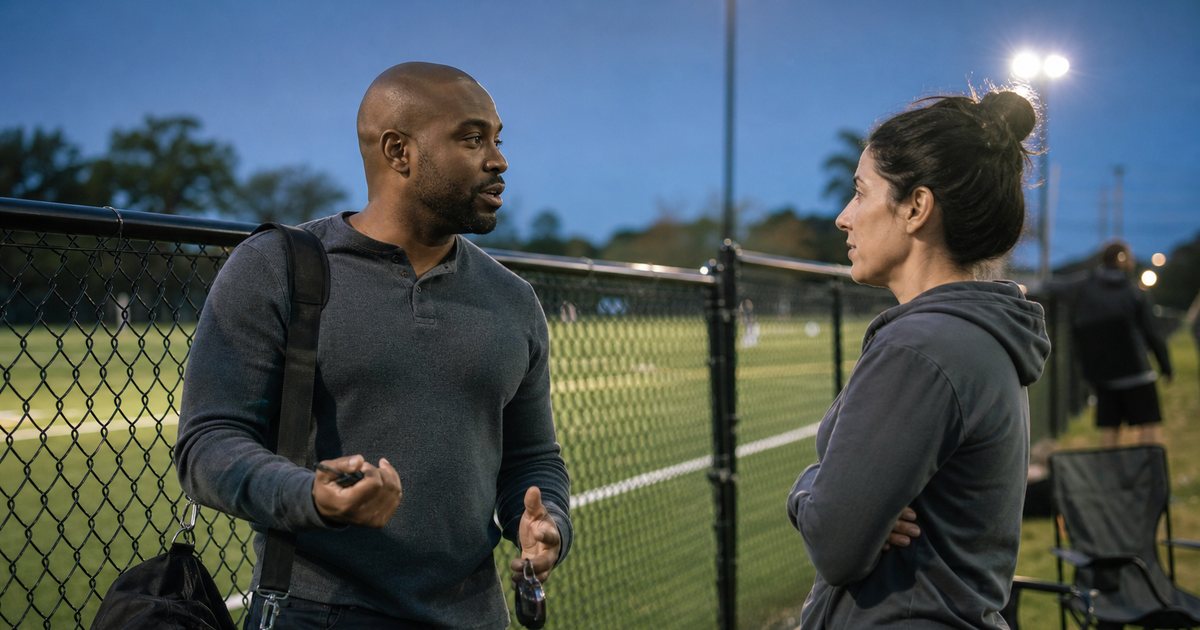 Two adults standing beside a chain-link fence at the edge of a floodlit outdoor turf field at dusk, one holding a gym bag and car keys while the other listens with arms folded, folding chairs and a water cooler on the grass nearby