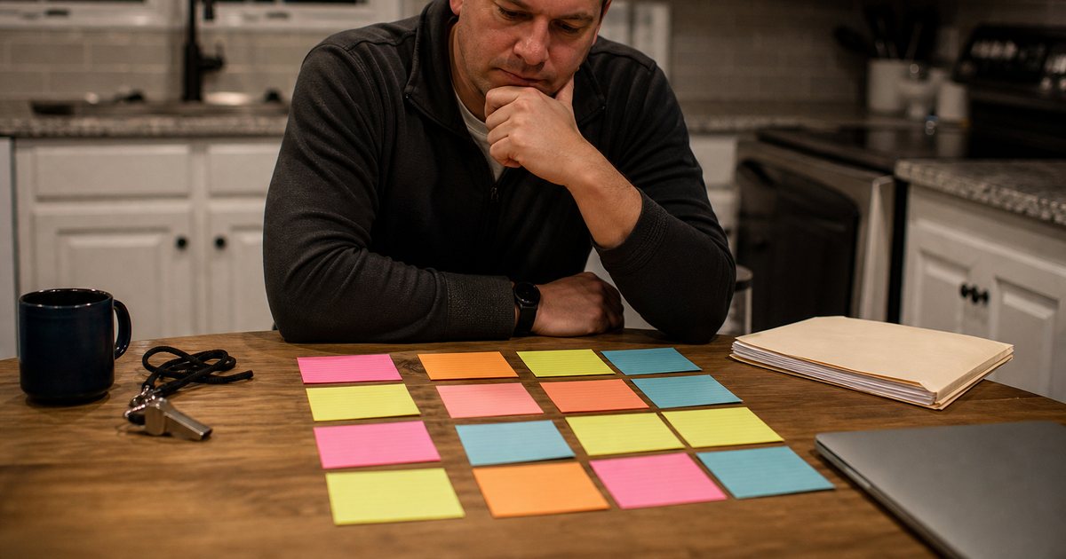 A league organizer sitting at a kitchen table at night with colored index cards arranged in a grid, a mug of coffee, a whistle and a folder of team waivers beside a closed laptop