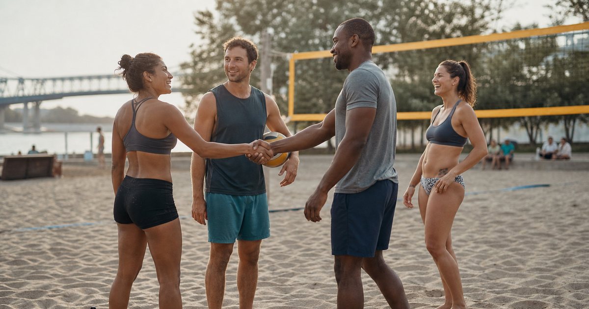 A diverse group of adults meeting for the first time on the sideline of a sand volleyball court, shaking hands and tossing a ball, water bottles and a gear bag in the sand, late afternoon sun