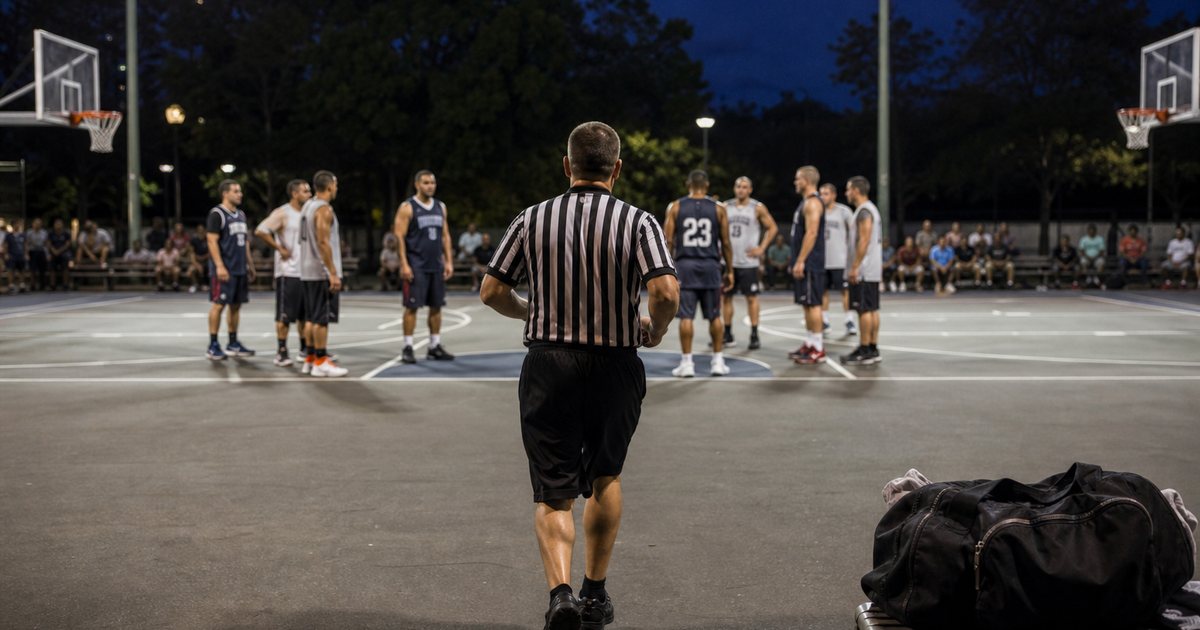 A referee in a striped shirt and black shorts jogging across a lit outdoor basketball court toward two adult teams waiting at midcourt, a whistle on a lanyard, a duffel bag on the sideline bench