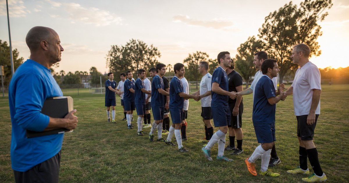 Two adult recreational soccer teams shaking hands in a line at midfield after a game at a community park, mixed ages, low evening sun, a coach with a clipboard and cones stacked at the sideline