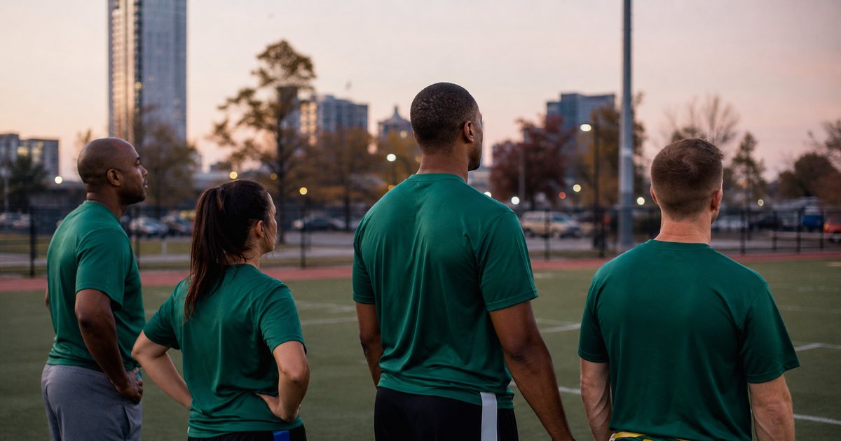 A single team of adults in matching green shirts standing on an empty flag football field at a city park in the evening, one player holding a football under his arm, looking toward the empty parking lot